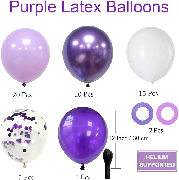 Purple Balloons Metallic Purple Balloon, 50 Pcs 12inch Lavender Lilac Purple Confetti Latex Balloons for Birthday Baby Shower Bridal Shower Wedding Party Decorations