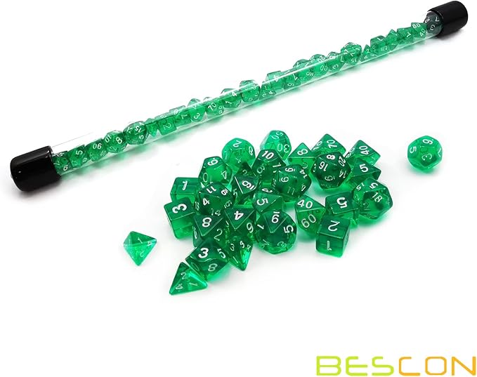Bescon 28pcs Translucent Green Mini Polyhedral Dice Set in Tube, Dungeons and Dragons RPG Dice 4X7pcs,Mini Gem Green Dice Set