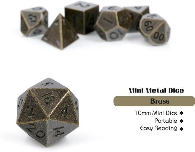 Mini D&D Dice Metal,DNDND 10mm Metallic D&D Dice Set with Gorgeous Gift Dice Box for Dungeons and Dragon DND Game (Brass)