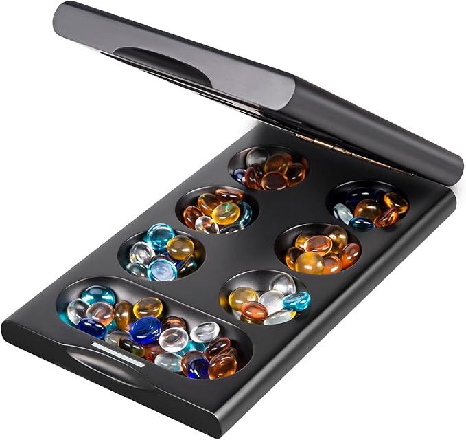 Wooden Mancala Board Game Set with 48 + 24 Bouns Multicolor Glass Stones Portable Folding Board for 2 Players Classic Travel Games for Adults and Kids