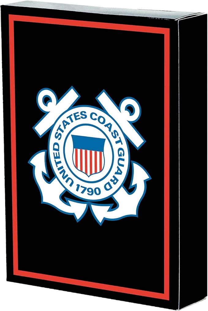 Military Gift Shop USCG Playing Cards with Dice – Wooden Keepsake Box Adorned with Metal USCG Medallion.- Coast Guard Card Set