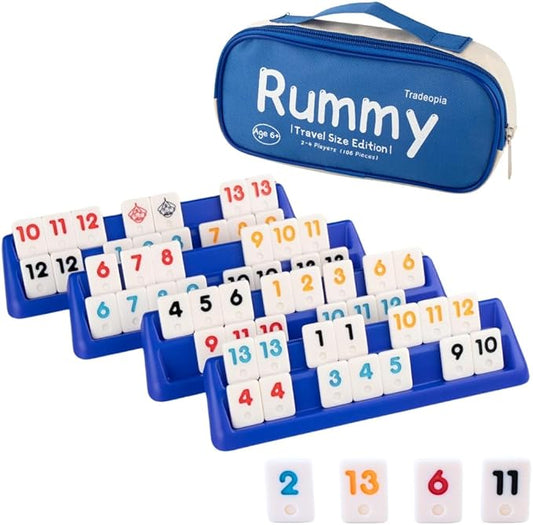 Travel Rummy Game Set, Includes 4 Sturdy Racks, and a Carrying Case, 106 Tiles Rummy, Suitable for Birthday, Anniversary, New Year