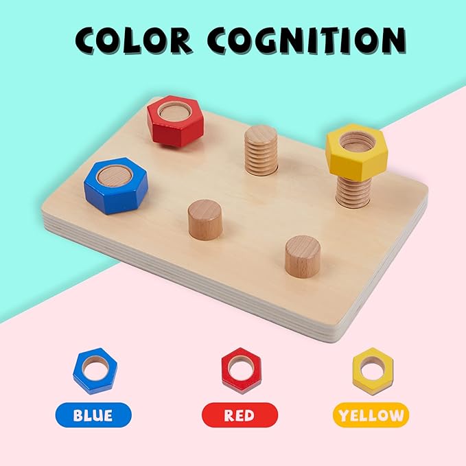 Wooden Toys for Toddlers 1 2 3 Years Old Jumbo 3 Color Wooden Nuts and 6 Bolts On Board,Wooden Puzzle Stacking Toys for Occupational Therapy Toys Fine Motor Skills for 18 Months Boys Girls Baby Gift