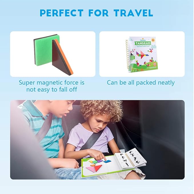 Vanmor Travel Tangram Puzzle with 2 Sets Magnetic Plate-Montessori Shape Pattern Blocks Jigsaw Road Trip Games with 368 Solution - IQ Book Educational Toy Brain Teaser Gift for Kids Adults Challenge