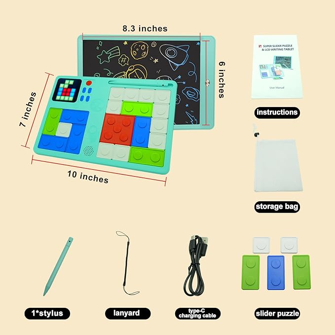 Tablet Slide Puzzle Game & Kids Drawing Writing Tablet, Toddler Writing Tablet LCD Drawing Tablet for Kids Drawing Game Toys for 4-8 Year Old Boys Girl 500+ Challenges Drawing Pad Travel Game (Blue)