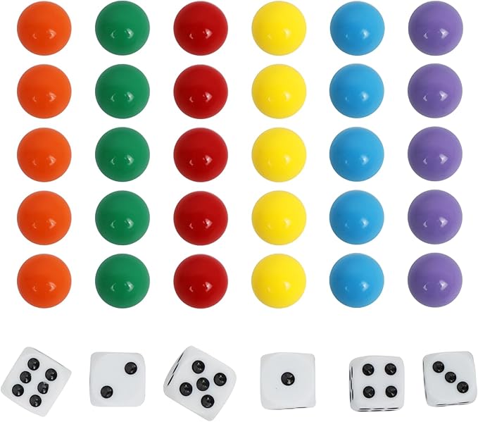 Large Size18MM 30 Wahoo Board Game Replacement Marbles 5 Each of 6 Colors 6 Dice and a Play Bag for Wahoo Board Game