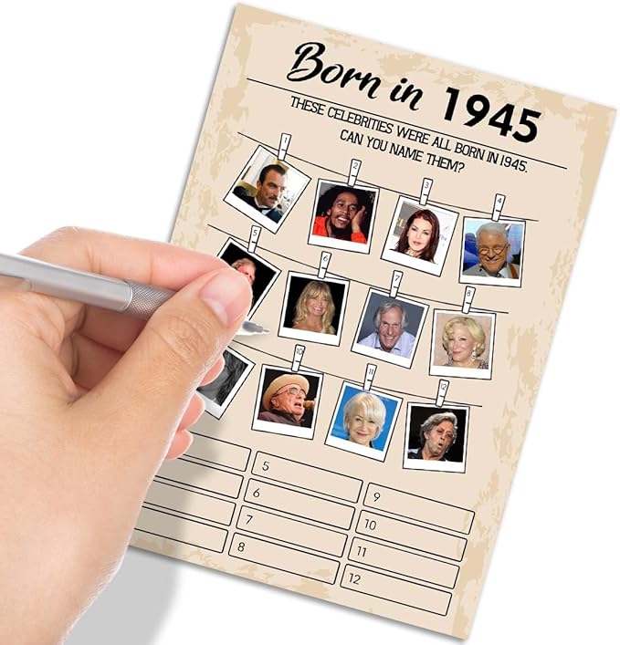QUPT 80th Birthday Party Games, Born in 1945, 30 Cards, Adults, History, English, Card Game, 18+