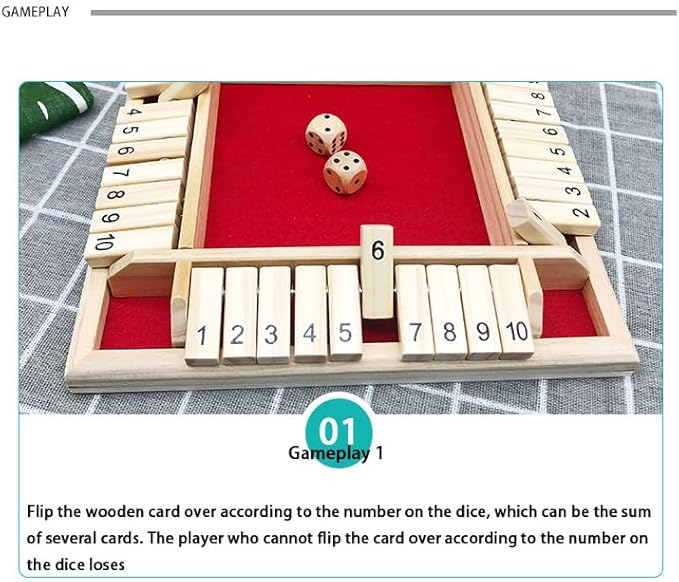 Dice Games Shut The Box Game，2PCS Red Classic 4 Sided Wooden Board Game Flip 12 Numbers Classic Tabletop Games Family Math Strategy Game for Christmas Party Classroom Home or Pub Bar