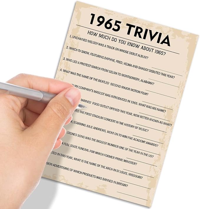QUPT 60th Birthday Party Games, 1965 Trivia Games, Birthday Party Supplies for Adults, Fun 1965s Party Game，Pack of 30 Cards