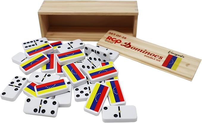 Dominos Set for Adults – Professional Double 6 Domino Cubano Set of 28 Tiles and Adults - Classic and Travel Board Game with Wood Case Juegos de Mesa Venezuela Country Flag Engraved Dominoes