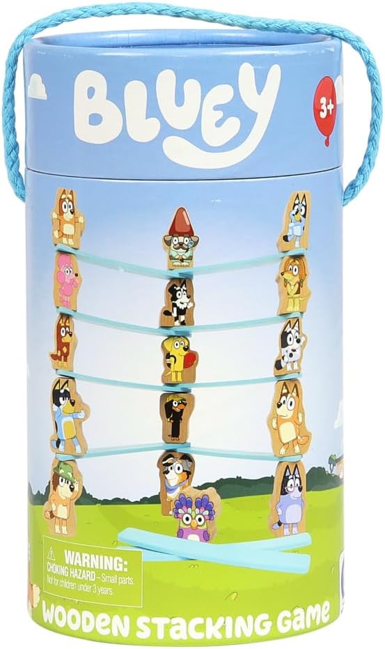 Bluey – Wooden Stacking Game – 25 Build and Balance Pieces with Characters and Sticks in a Storage Tube – FSC Certified for Children 3 Years and Up