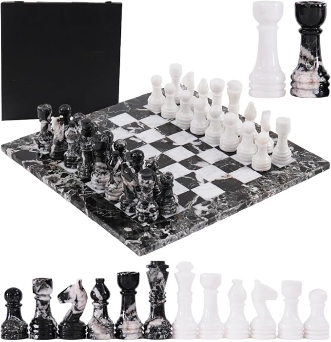 Marble Chess Set 15" Black Zebra & White with Storage Box Chess Board Games - 2 Player Classic Chess Sets - 1 Chess Board & 32 Chess Pieces - Ideal for Beginners & Professional Players