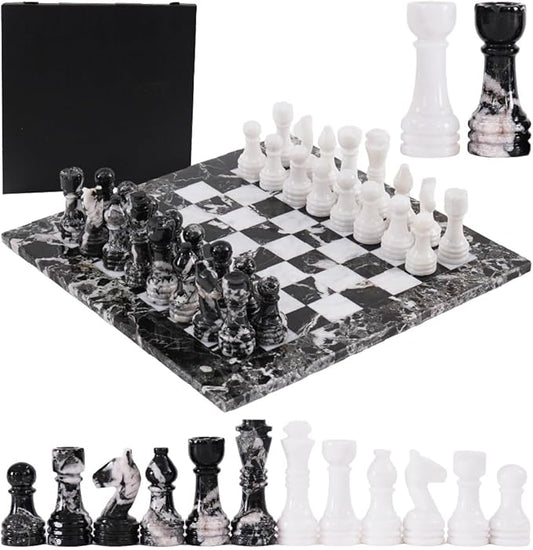 Marble Chess Set 15" Black Zebra & White with Storage Box Chess Board Games - 2 Player Classic Chess Sets - 1 Chess Board & 32 Chess Pieces - Ideal for Beginners & Professional Players