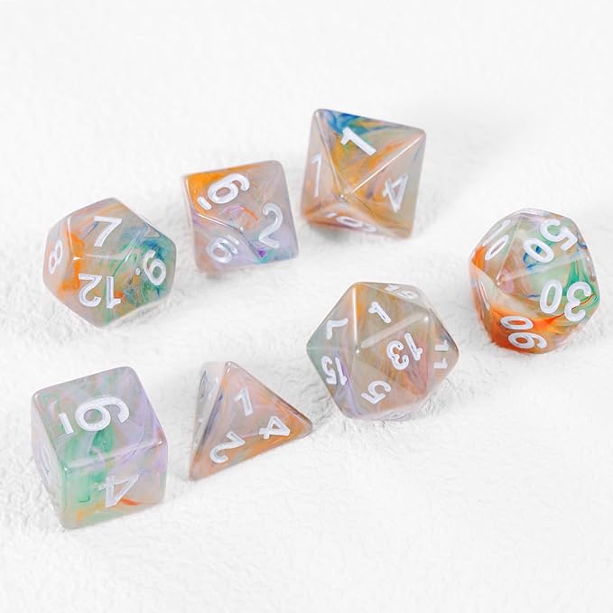 Role Playing Dice Set - 16mm Transparent Polyhedral DND Dice in Mixed Colors (Orange, Green, Purple) - Perfect for Dungeons and Dragons, Tabletop Games, and Math Teaching