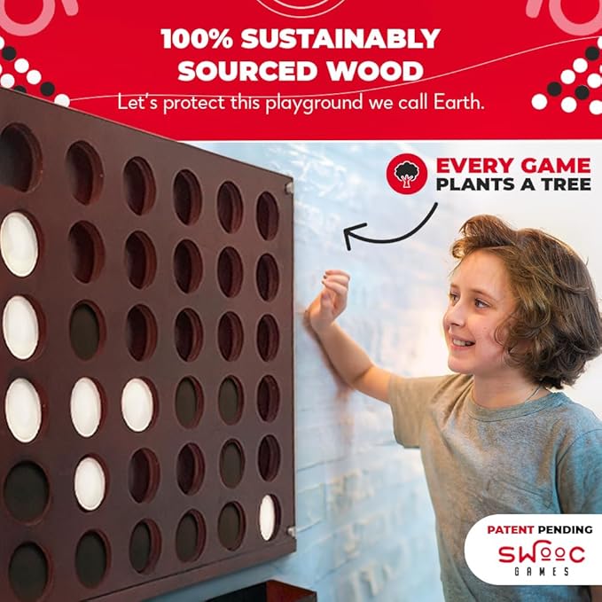 SWOOC Games - Wall Mounted Giant 4 in A Row - 60% Quieter - Jumbo Size Wall Games - Game Room Game, Accessories and Decor - Garage and Basement Decor - Large Connect - Four in a Row for Kids & Adults