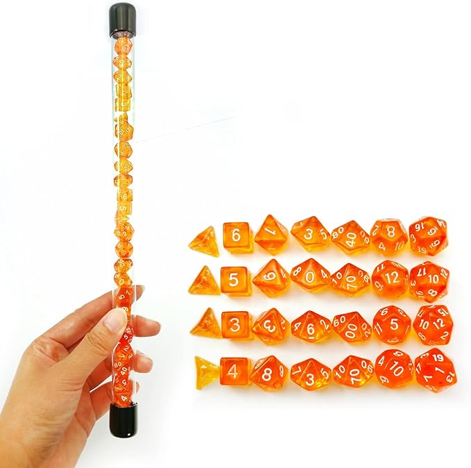 Bescon 28pcs Translucent Orange Mini Polyhedral Dice Set in Tube, Dungeons and Dragons RPG Dice 4X7pcs,Mini Gem Dice Set