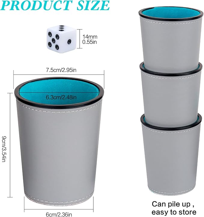 Felt-Lined PU Leather Dice Cup Set, 6 Quiet Dice Shaker Cups with 36 Dices for Bar Party Yahtzee Farkle Dice Games, Grey and Blue