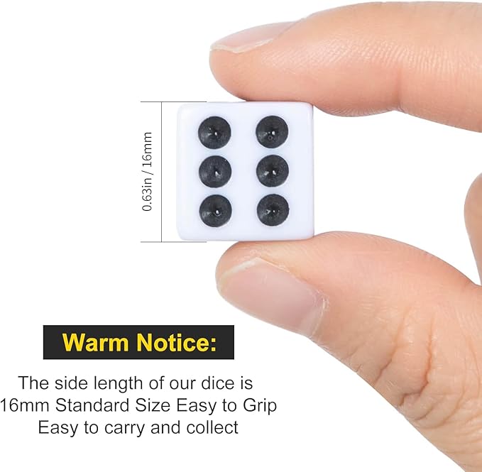 100 Pack 16MM White Dice - Six Sided Standard Opaque White Dice with Black Pips Dots for Board Games (100 Pack)