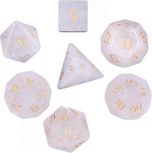 TUMBEELLUWA Engraved Crystal Stone Polyhedral Dice Set for RPG MTG Dungeons and Dragons Table Game 7 Pieces DND Board Game Dices with Pouch, Rock Crystal