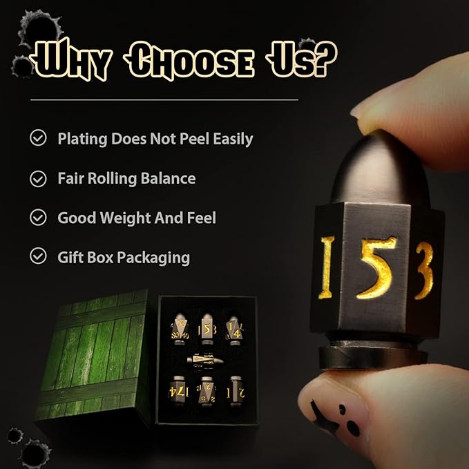 Bullet Dice Set, DND Dice Metal Revolver，ZHOORQI D6 Gun Dice D&D Gifts for Dungeons and Dragons, RPGs(7-Black Gold)