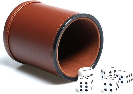 Leather Dice Cup Set Felt Lining Quiet Shaker with 5 Dot Dices for Farkle Yahtzee Games,Brown