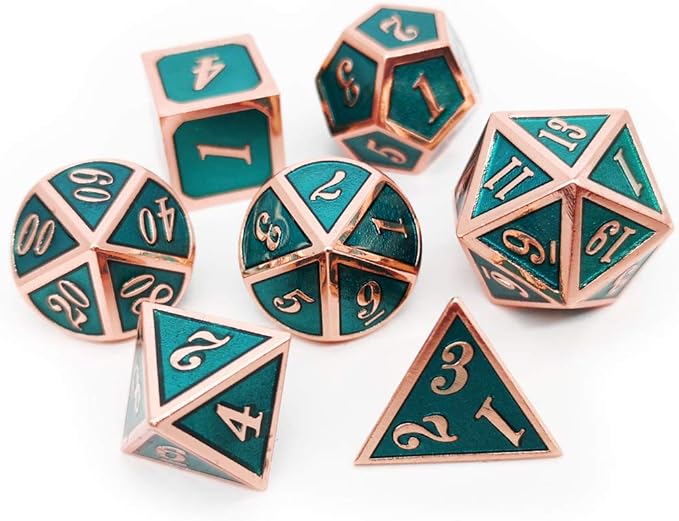 Haxtec DND Metal Dice Set Copper Teal Polyheral Dice for RPG D&D Dungeons and Dragons Gifts W/PU Leather Dice Bag