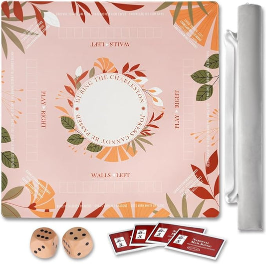 Mahjong Mat with Rules Instructions for Table,Non-Slip and Silent,32"×32" Comes with 2 Wooden Dice and 1 Coral Velvet Mahjong Mats Storage Bag & 4 Mahjong Rules Cards (Pinky)
