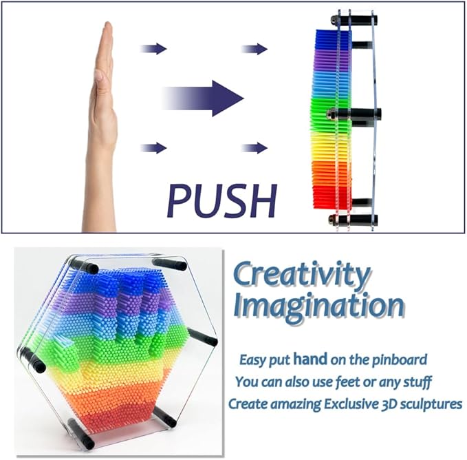 3D Pin Art Intellectual Fun Toy Rainbow Pin Art Palm Board Extra Large(7.5 x8 Inches) Arouse Sense of Imagination Innovative Boundless Creativity (Hexagon - 7.5 x 8 Inches)