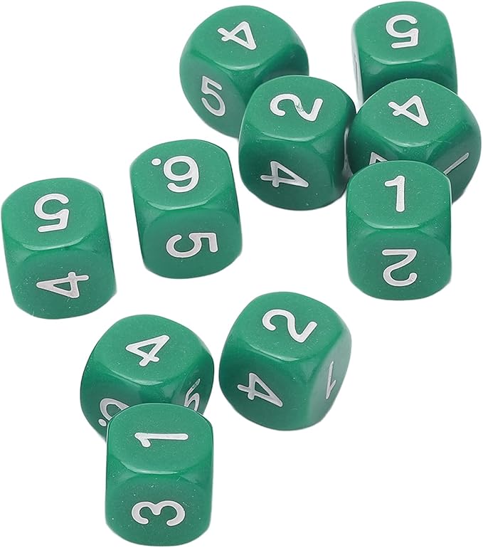 Green 6 Sided Plastic Dice Set - 20 Pieces, Rounded Corners, Number Dice for Table Games