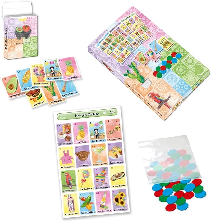 Loteria Fiesta Deluxe Game Set in Spanish, for Up to 20 Players - 20 Boards, Full Deck of Cards and with Chips