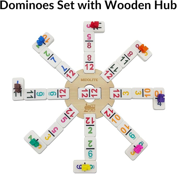 Mexican Train Dominoes Set with Numbers and 4 Wooden Racks, Double 12 Domino Travel Set with Wooden Hub, 91 Colored Domino Tiles Game Set with for Family Game Night