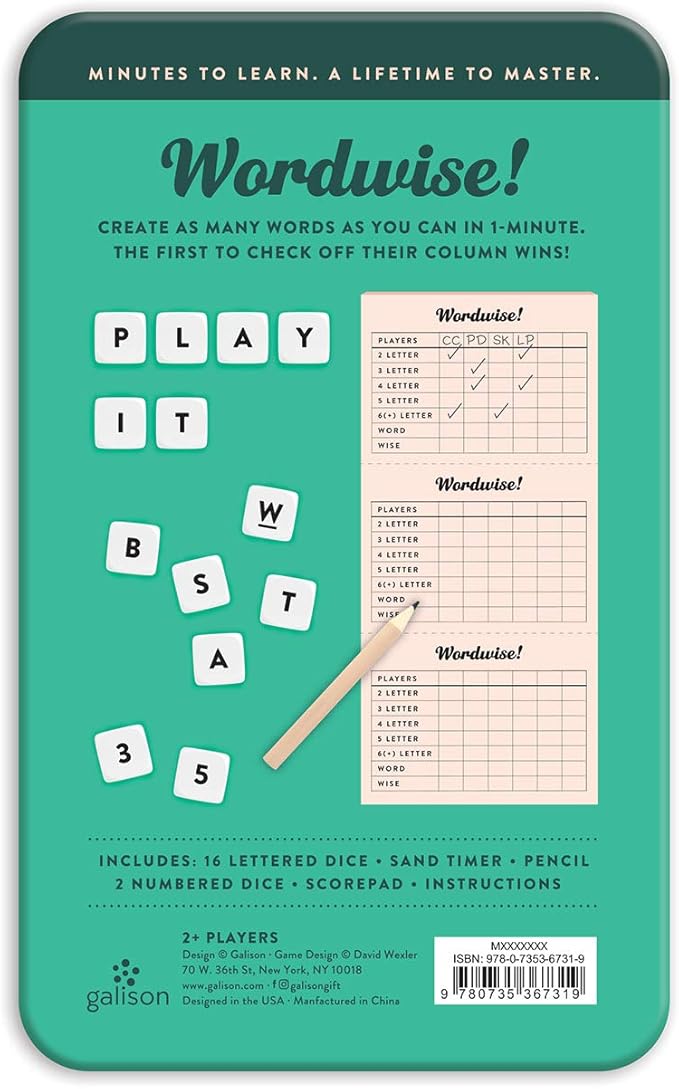 Galison Wordwise! Dice Game – Fun Dice Game for Kids, Easy to Play Family Game for 2+ Players, for Ages 6+ – Convenient Storage Tin and Instructions Included, Great Learning Activity for Kids