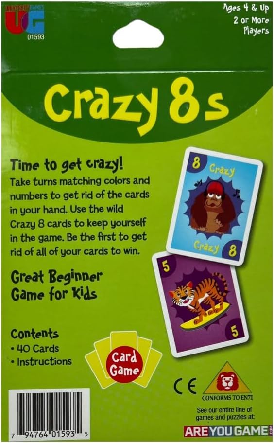 University Games Crazy 8s Card Game - Jumbo Size, Colorful Animal Cards for Kids Ages 4 and Up, Fun Family and Educational Game