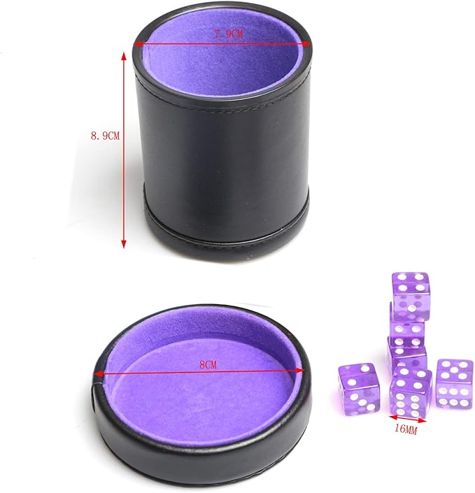 PU Leather Dice Cup Purple Velvet Lined Quiet Shaker with Lid Including 6 Purple Translucent Dice for Liars Dice Farkle Yahtzee Board Games