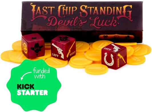 Last Chip Standing: Devil's Luck | Fast, Light & Fun Pocket Classic Family Dice Game | Includes 19mm Custom Dice, 24 Yellow Mini Chips, and Magnetic Carry Case | Travel-friendly Tabletop Board Game