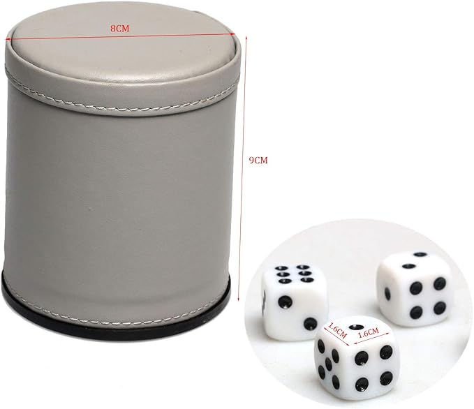 Leatherette Dice Cup Set Felt Lined with 16mm Dot Dices Shaker for Yahtzee Bar Party Dice Games - Grey