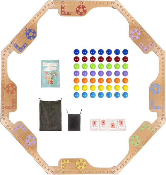 Jokers and Marbles Board Game，Pegs and Jokers Game for 2-8 Player，Wood Board Game with 8 Game Boards 4 Decks of Cards 48 Marbles，Holidays and Casual Social Gatherings
