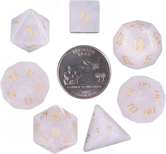 TUMBEELLUWA Engraved Crystal Stone Polyhedral Dice Set for RPG MTG Dungeons and Dragons Table Game 7 Pieces DND Board Game Dices with Pouch, Rock Crystal