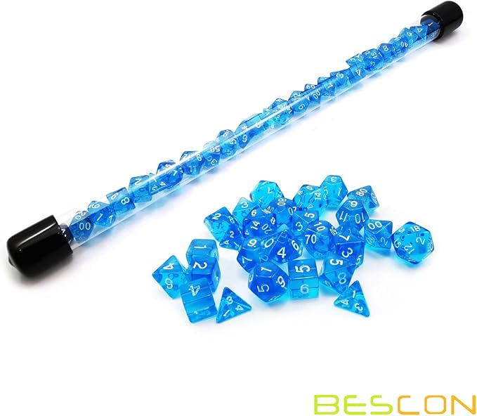 Bescon 28pcs Translucent Blue Mini Polyhedral Dice Set in Tube, Dungeons and Dragons RPG Dice 4X7pcs,Mini Gem Blue Dice Set