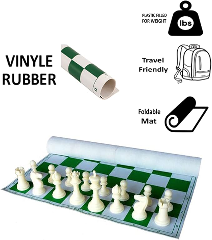 StonKraft 18.2'' x 18.2'' Tournament Chess Vinyl Foldable Chess Game with Solid Plastic Pieces (with Extra Queen) - Ideal for Professional Chess Players