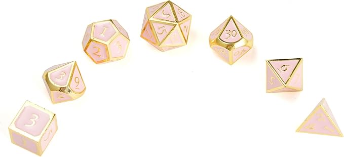 MIYUDAIS Polyhedral Metal Game Dice Cream Pink with Gold Trims 7pc Set for Dungeons and Dragons RPG MTG Table Games D&D Pathfinder Shadowrun and Math Teaching