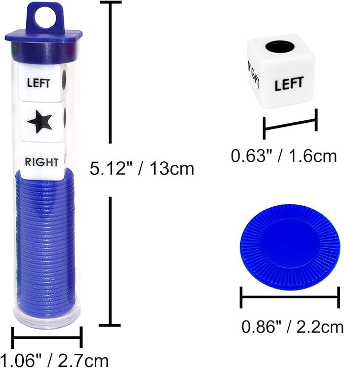 Left Right Center Dice Game Prime Set Bundle with 3 Dices + 36 Chips. Round Tube Storage is Very Convenient for Travel. Easy to Store, Carry Around. (3 Pack)