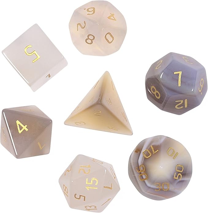 TUMBEELLUWA Engraved Crystal Stone Polyhedral Dice Set for RPG MTG Dungeons and Dragons Table Game 7 Pieces DND Board Game Dices with Pouch, Grey Agate