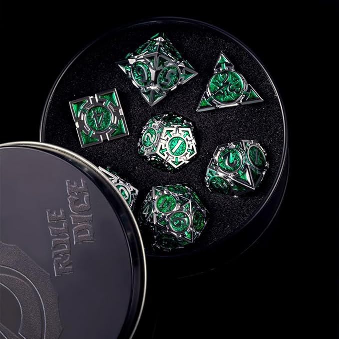 RULE DICE DND Metal Dice Set， D&D Dungeons and Dragons Dice, Cool Large Weighted 7 die Green Metal DND Dice Set, RPG MTG Role Playing Polyhedral Dice Set with D & D Gifts Box, D and D Dice Set