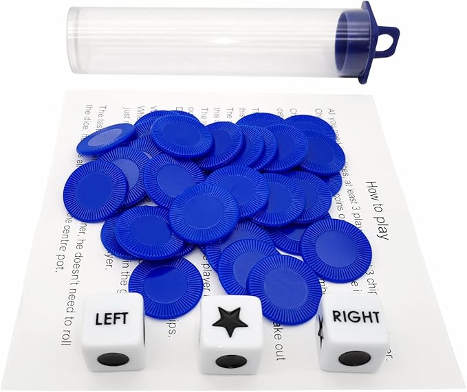 Left Right Center Dice Game Prime Set Bundle with 3 Dices + 36 Chips. Round Tube Storage is Very Convenient for Travel. Easy to Store, Carry Around. (Blue)