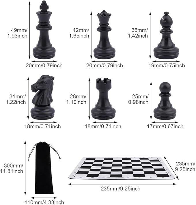Portable Chess & Checkers Set, 235mm Tournament Roll Up Chess Board with Drawstring Bag, Folding Rollable Chess Set Travel Chess Set for Kids and Adults(Black)