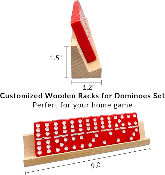 Dominoes Set for Adults with 4 Wooden Racks/Trays, Double Six Dominoes Travel Set with Portable Case Double 6 Dominoes Set with 4 Tiles Holders, 28 Tiles Dominos Set for Family Board Games - Red