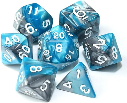 7pcs/Set D4 D6 D8 D10 D12 D20 Dichromatic Polyhedral Dices for Beginner Role Playing Game D&D Dice Set Party Table Board Game Supplies，with A Silver Pouch(Bluegrey)
