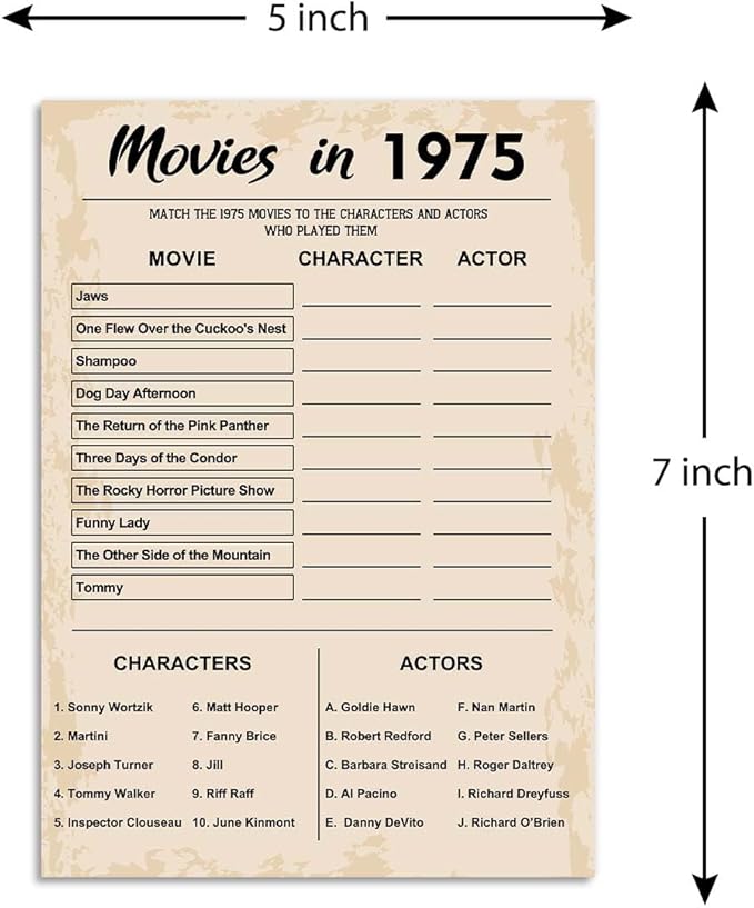 50th Birthday Party Games, Movie in 1975 Games, Birthday Party Supplies for Adults, Fun 1975s Party Game，Pack of 30 Cards