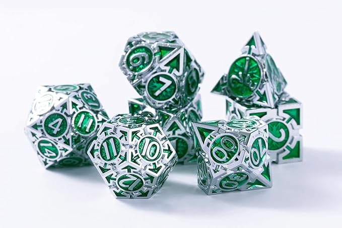 RULE DICE DND Metal Dice Set， D&D Dungeons and Dragons Dice, Cool Large Weighted 7 die Green Metal DND Dice Set, RPG MTG Role Playing Polyhedral Dice Set with D & D Gifts Box, D and D Dice Set